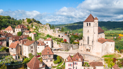 aerial view of saint cirq lapopie town, france