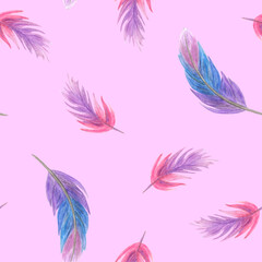Seamless pattern in soft pink tones. Feathers on a pink background.