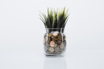 Grass growing out of coins in a glass bank. Growing deposit concept.