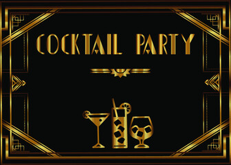 Art Deco vintage invitation template design with illustration of cocktail glass in 1920's style. vintage invitation template design for drink list, bar menu, glamour event, wedding