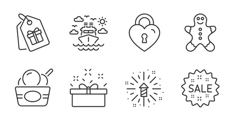 Sale, Ice cream and Fireworks explosion line icons set. Gingerbread man, Ship travel and Coupons signs. Love lock, Present box symbols. Shopping star, Sundae cup, Pyrotechnic salute. Vector