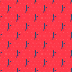 Blue line Flag icon isolated seamless pattern on red background. Location marker symbol. Vector.