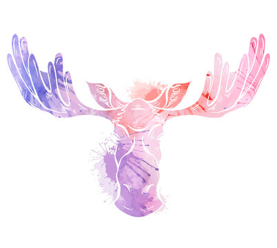Silhouette of a moose head with antlers front view with watercolor background and splashes. Wild mammal. Vector outline figure for logos, icons, postcards and your designs.