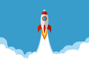 Rocket launch, ship flies into the sky or space. Concept of new business project start up development and launch a new innovation product on a market. Vector illustration