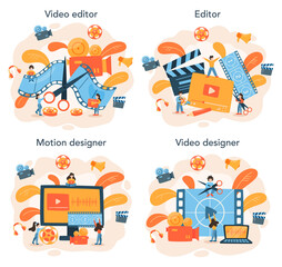 Video editor or designer set. Artist create computer animation for multimedia