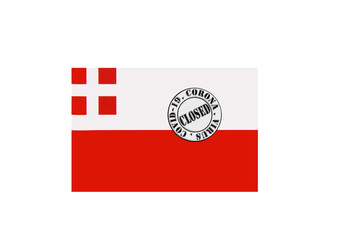flag with text closed by covid 19 and corona stamp