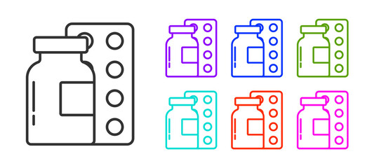 Black line Pills in blister pack icon isolated on white background. Medical drug package for tablet, vitamin, antibiotic, aspirin. Set icons colorful. Vector.
