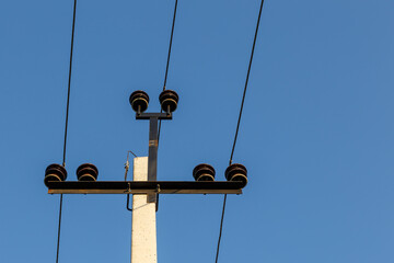 High voltage power line. Electric power line support and wires. 