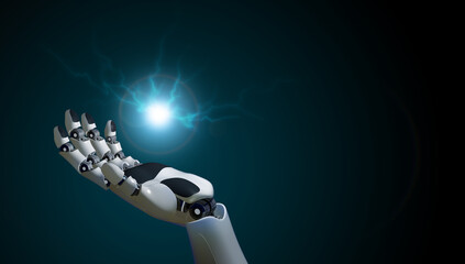 open robotic hand shows a light source charged with energy