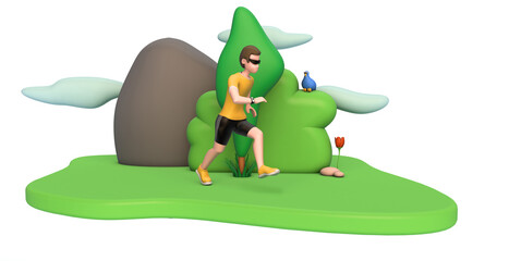illustration of a character doing physical activity in the park with trees, clouds and birds