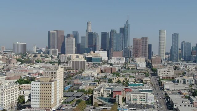 Los Angeles Downtown Skyline From Westlake Aerial Shot Forward Descend
