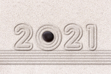 Fototapeta na wymiar 2021, zen raked sand garden holiday greeting card