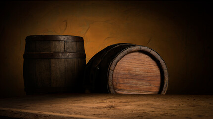 Old wooden barrel on a brown background