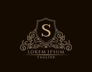 Luxury Royal Letter S Logo Design, Classy Shield With Out Line Floral Design.