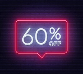 60 percent off neon sign on brick wall background. Vector illustration.
