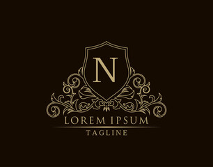 Luxury Royal Letter N Logo Design, Elegant Shield With Out Line Floral Design.