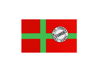 flag with text closed by covid 19 and corona stamp