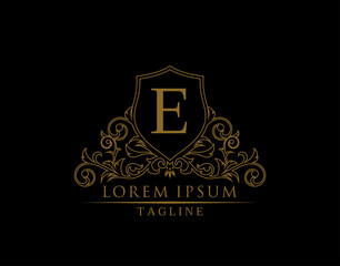 Fototapeta na wymiar Luxury Royal Letter E Logo Design, Elegant Shield With Out Line Floral Design.