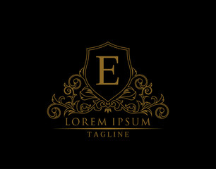 Luxury Royal Letter E Logo Design, Elegant Shield With Out Line Floral Design.