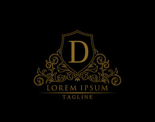 Luxury Royal Letter D Logo Design, Elegant Shield With Out Line Floral Design.