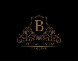 Luxury Royal Letter B Logo Design, Elegant Shield With Out Line Floral Design.