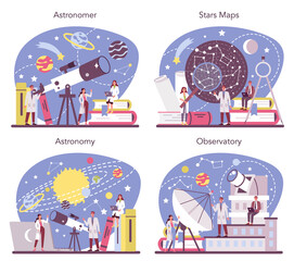 Astronomy and astronomer concept set. Professional scientist looking