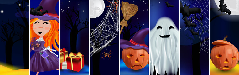 Characters Halloween pumpkins, little witch, cobweb, bats, broomstick, spiders, ghost, magic potion. Concept Happy Halloween. Vector illustration