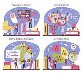 Fototapeta na wymiar Demographer concept set. Scientist studying population growth