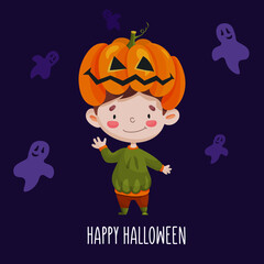 vector illustration of cartoon kid in pumpkin costume wishes happy halloween. greeting card kids celebrate halloween