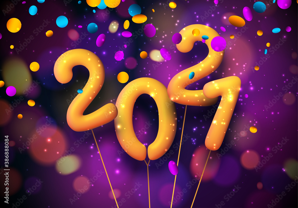 Poster yellow 2021 balloons with threads on multicolored background.
