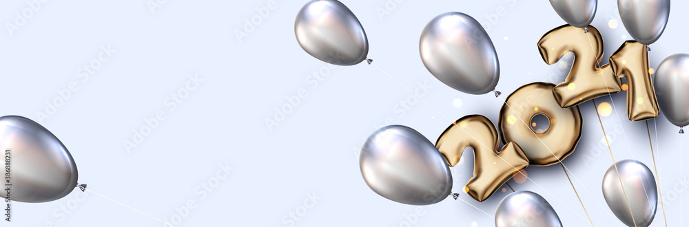 Poster 2021 and oval balloons with threads in the corner.