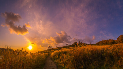 Sunset over the taiga hills in the Primorsky territory of Russia
