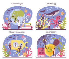 Oceanologist concept set. Oceanography scientist. Practical studying