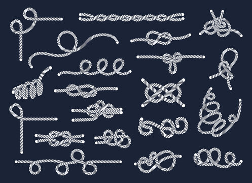 Sea rope knots and loops set. Marine rope and sailors ship knot, cord sailor borders, knot sail, package rope, looped string, nautical loop vector illustration