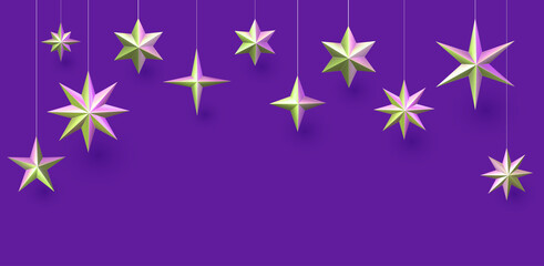 Hanging green metallic stars on purple background.