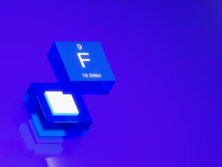 Fluorine symbol element from the periodic table blue glass cube orthographic view	
