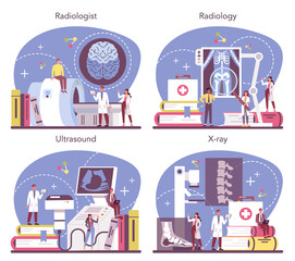 Radiologist concept set. Doctor examing X-ray image of human