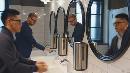 Diverse men washing hands in washroom sink of business center or restaurant