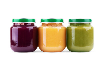 Jars with different baby food on white background