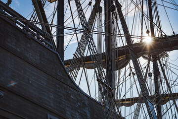Mast and folded sails of an old galleon