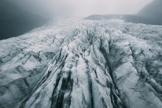 Aerial image of Foggy vatnajökkull glacier in Iceland