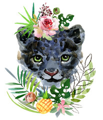 panther cub. wild animals watercolor illustration