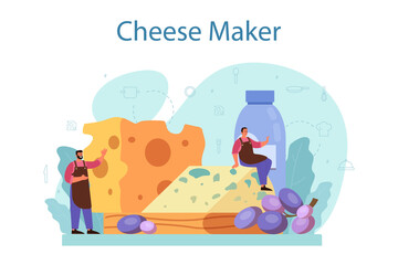 Cheese maker concept. Professional chef making block of cheese