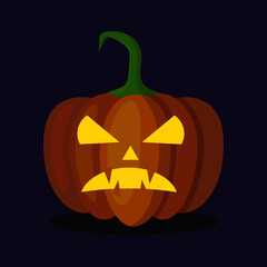 Orange pumpkin lantern with a scary face for Halloween. Festive decoration. Cartoon vector illustration on dark background