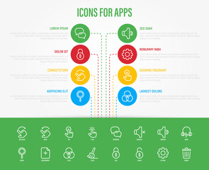 Infographics for mobile app development. Thin line icons: messenger, sound off, sound on, music, lock, unlock, settings, remove, swipe, click, tap, search, add new document. Vector illustration.