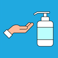 Hand and liquid soap. Hand sanitizer color icon. Washing hands. Alcohol sanitizer bottle and human palm. Antivirus and antibacterial protection. Corona virus prevention. Vector illustration, clip art.