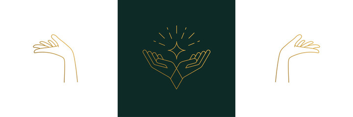 Vector line feminine decoration design elements set - star and female gesture hands illustrations minimal linear style