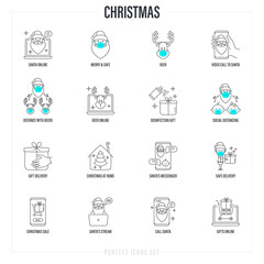Christmas at new normal. Thin line icons set. Santa Claus online, video call, social distancing, using surgical masks, safety delivery of gifts messenger with Santa for children. Vector illustration.
