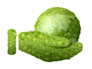 The hand holding Earth makes with leafs. Consept for protect Earth. Creative ecological image in White background