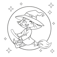 Halloween witch flying on broom on moon background. Black and white vector illustration for coloring book